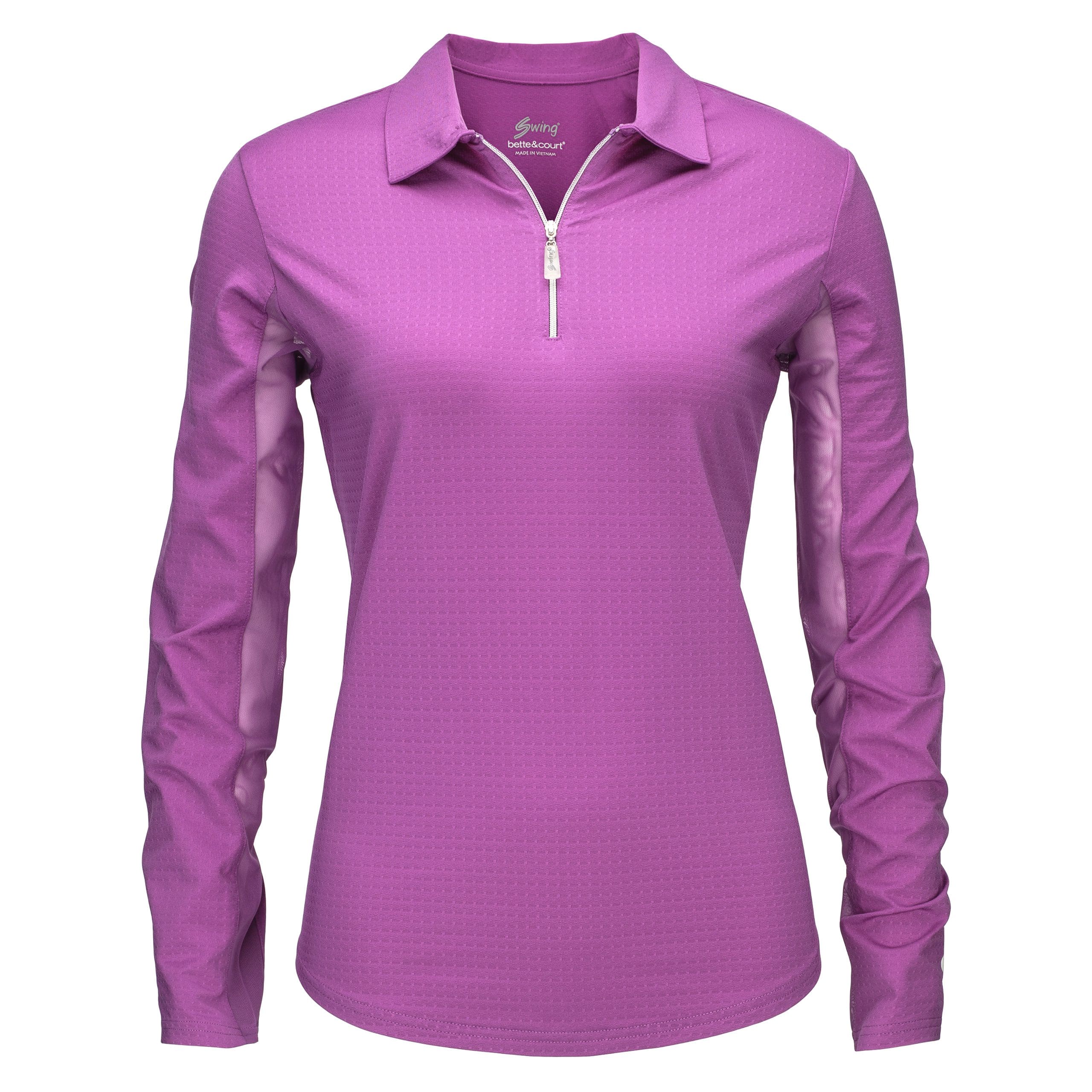 Product photography pricing example. A ghost mannequin photograph showcasing a purple, long sleeve women's golf shirt.