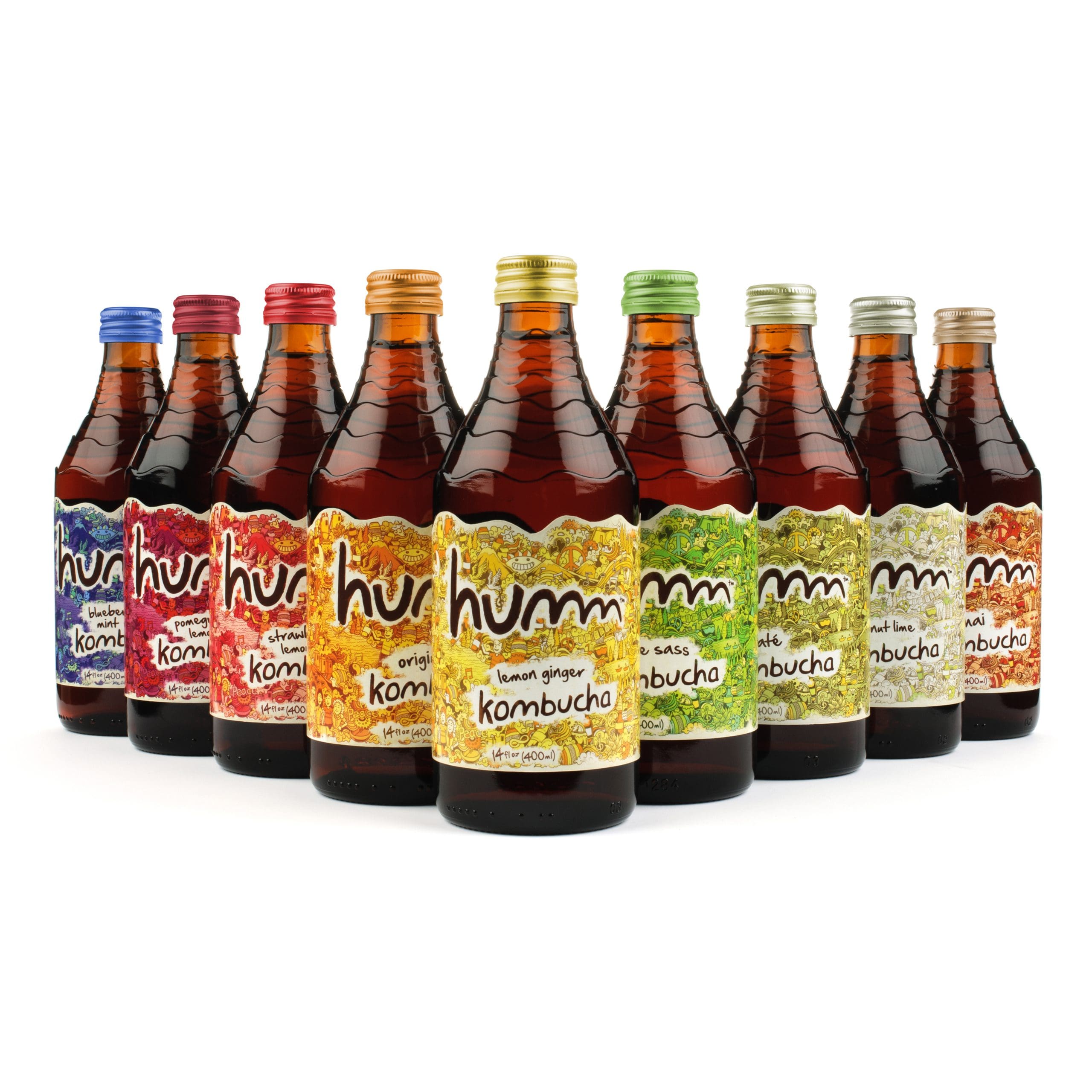 A group photo showing nine Humm Kombucha bottles in a row on a white background.