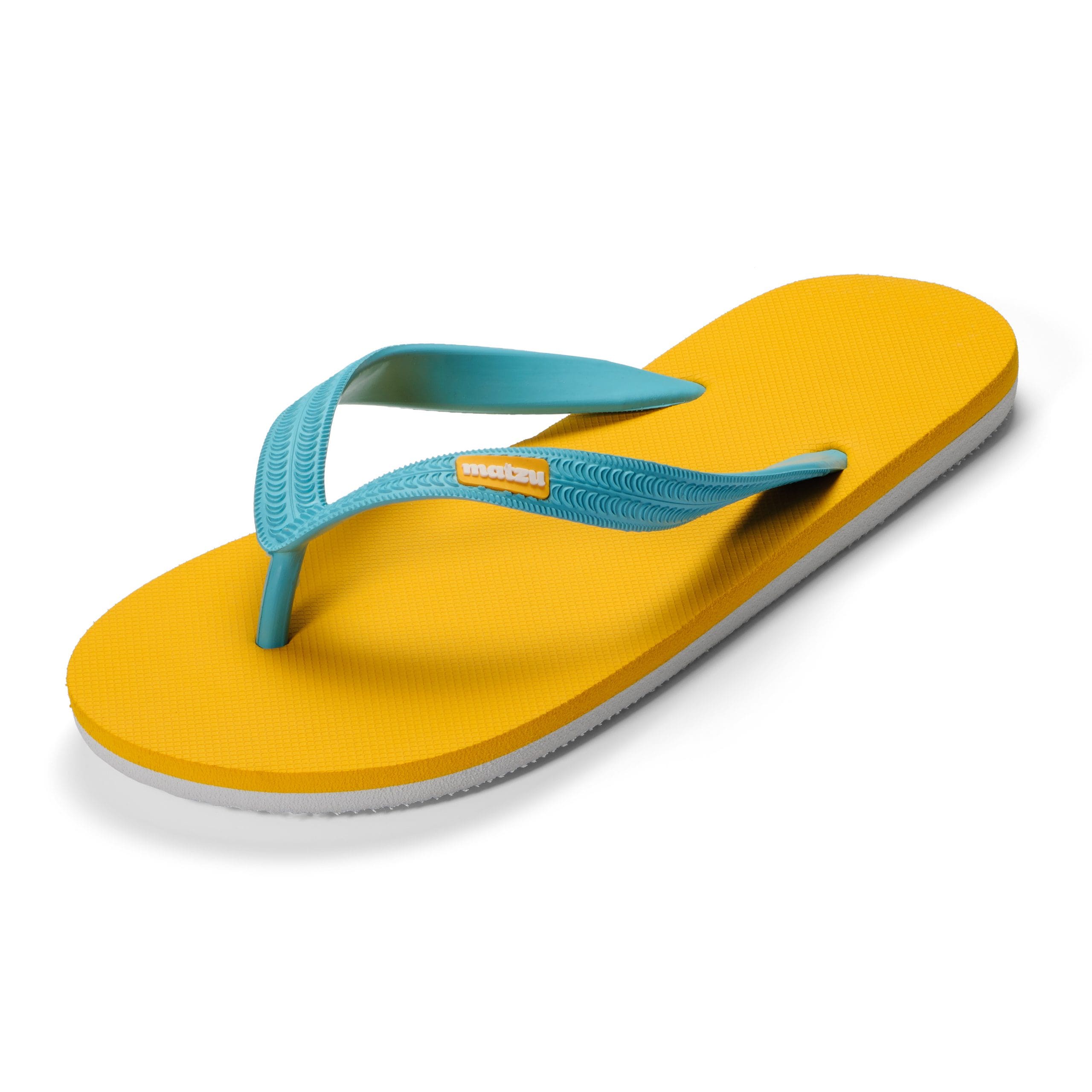 A high quality photo of a blue and yellow beach sandal.
