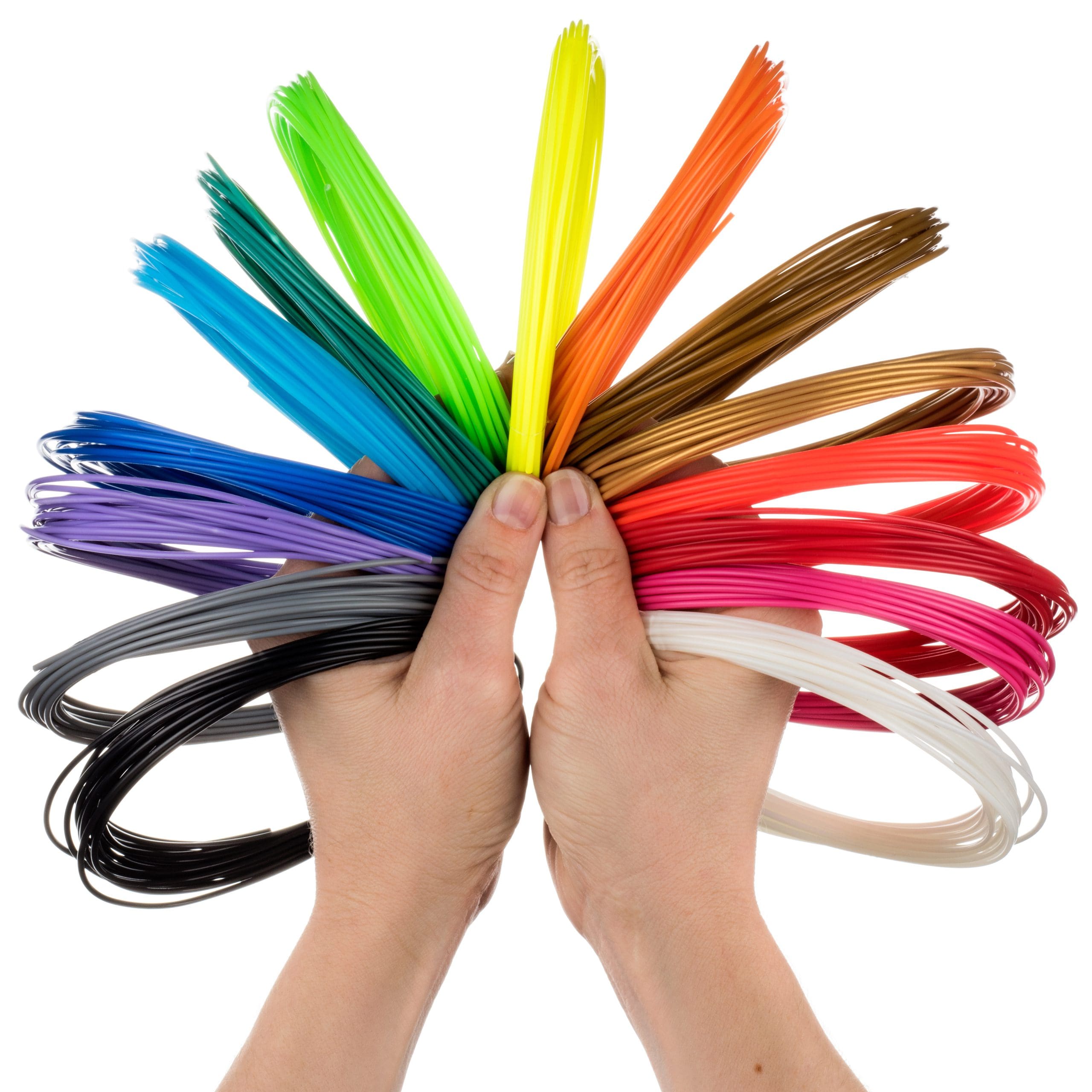 Professional hand modeling product photo showing two hands holding 3D printer filaments in various colors.