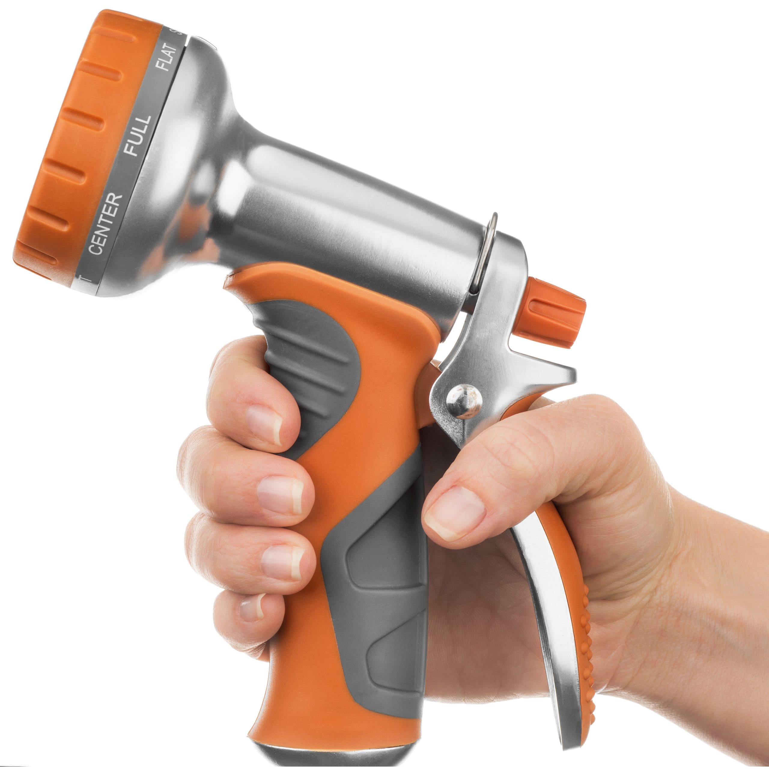 A hand model gripping an adjustable garden hose nozzle.
