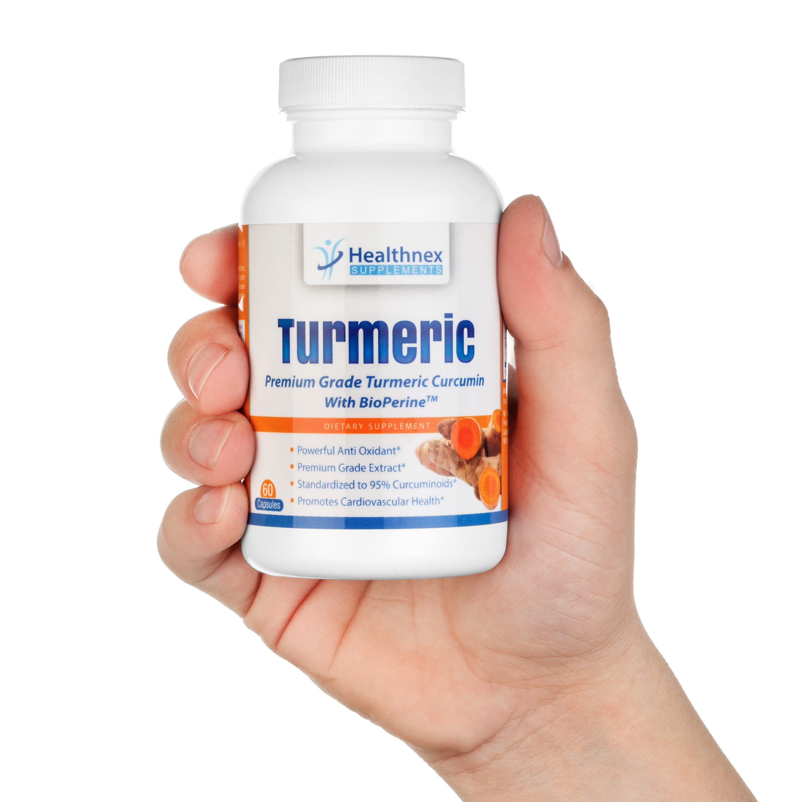 Professional photo of a hand model holding a bottle of turmeric dietary supplement.