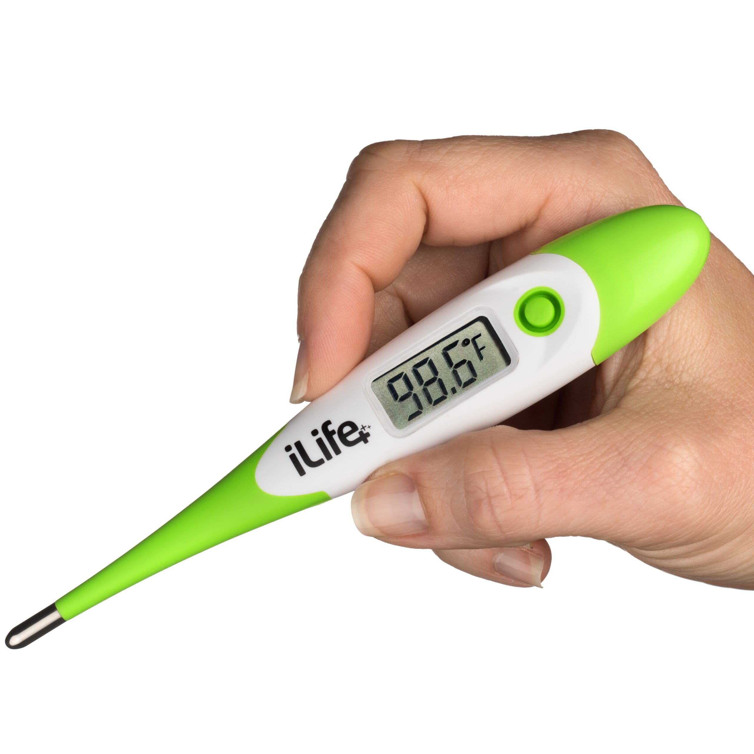 A photo of a hand model holding a digital thermometer.