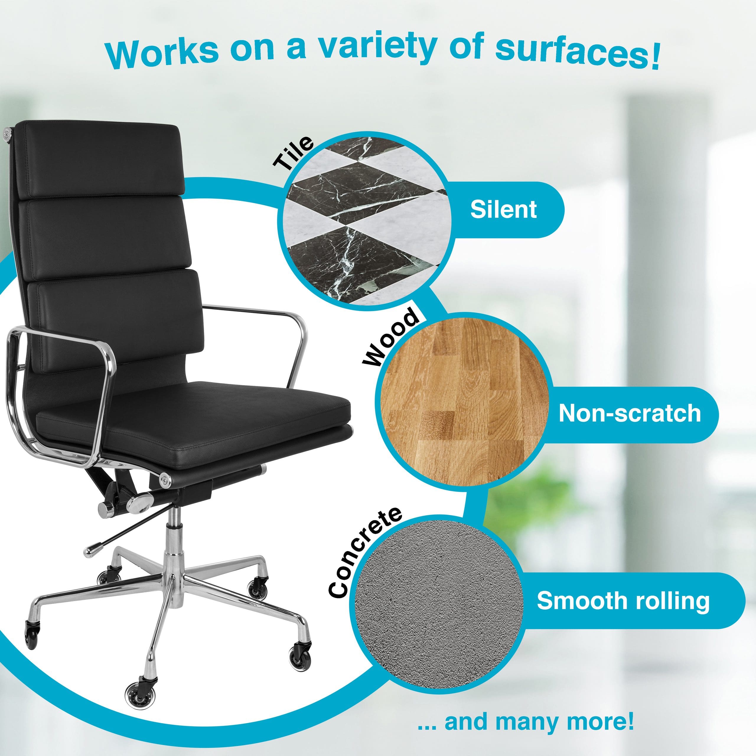 An office chair incorporated into an infographic layout.