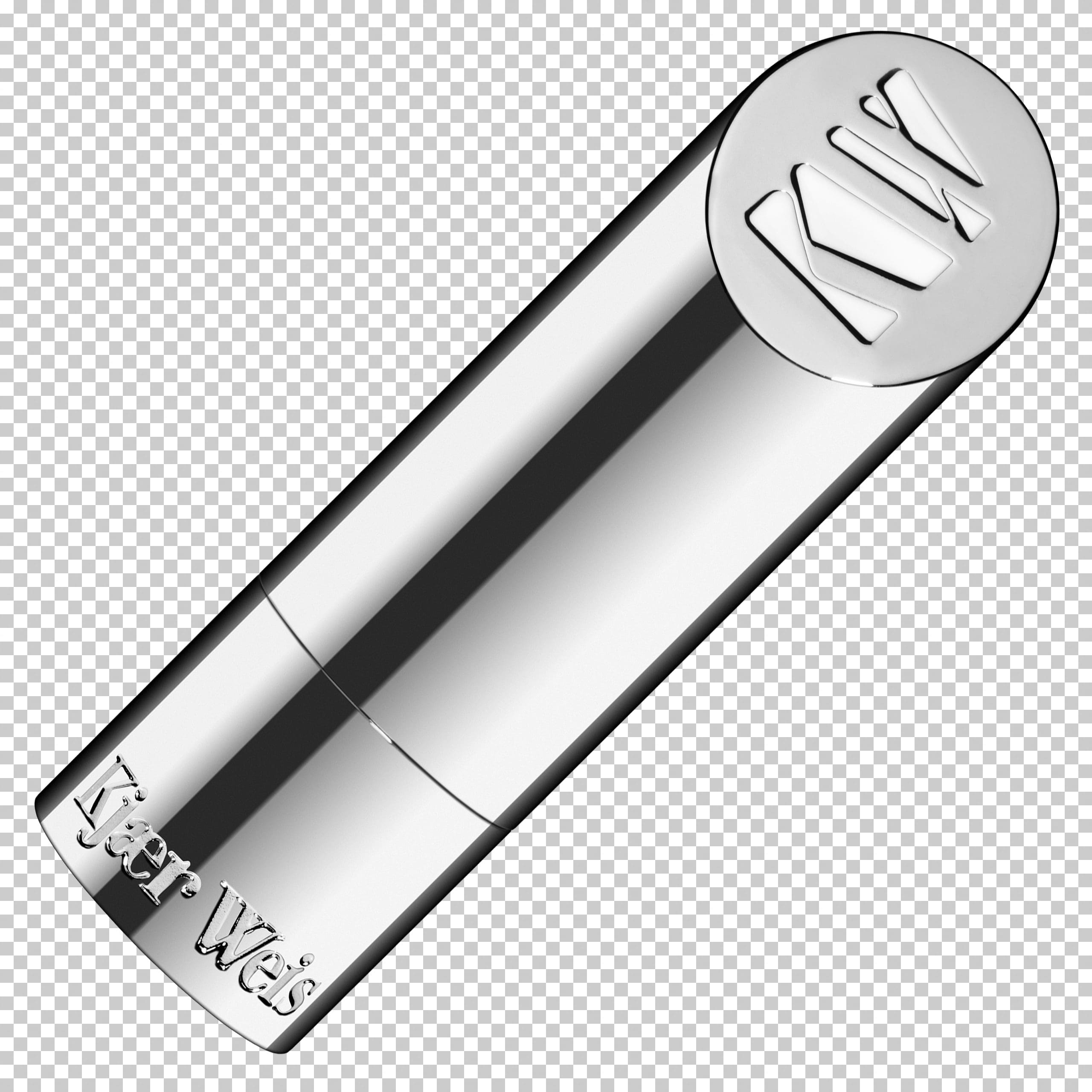 Chrome lipstick tube on a transparent checkered background