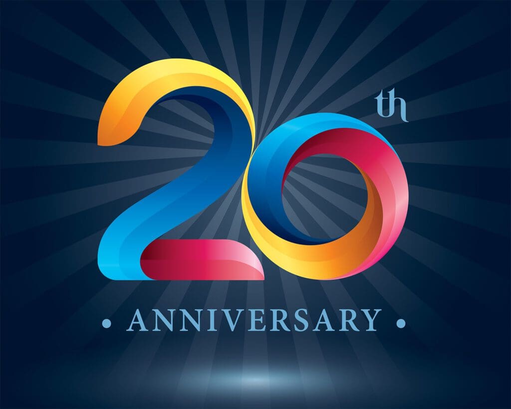 Graphic illustration that reads "20th Anniversary"