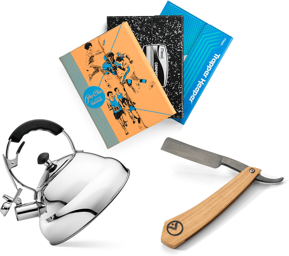 Collage of high-quality product photos including some binders, a teapot, and a straight razor, illustrating the range and professionalism of our product photography process.