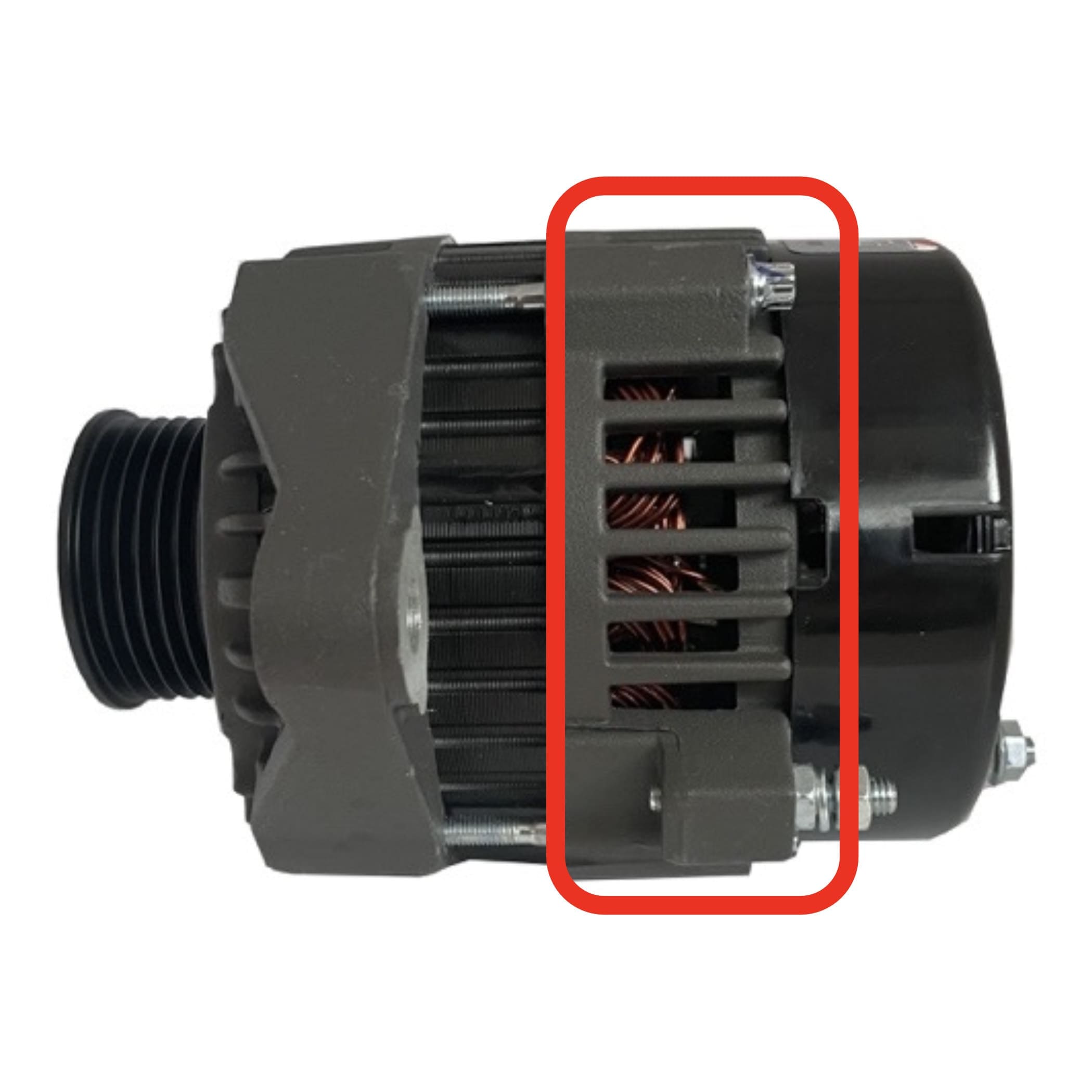 A vehicle alternator featuring multiple layers of fine detail