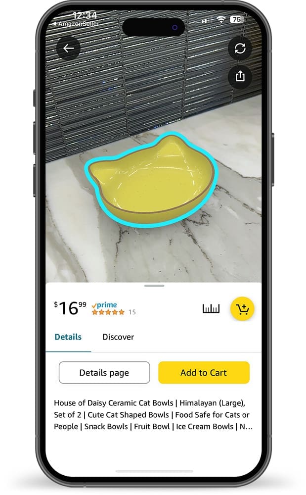 Screenshot of a product being viewed in augmented reality / AR on Amazon