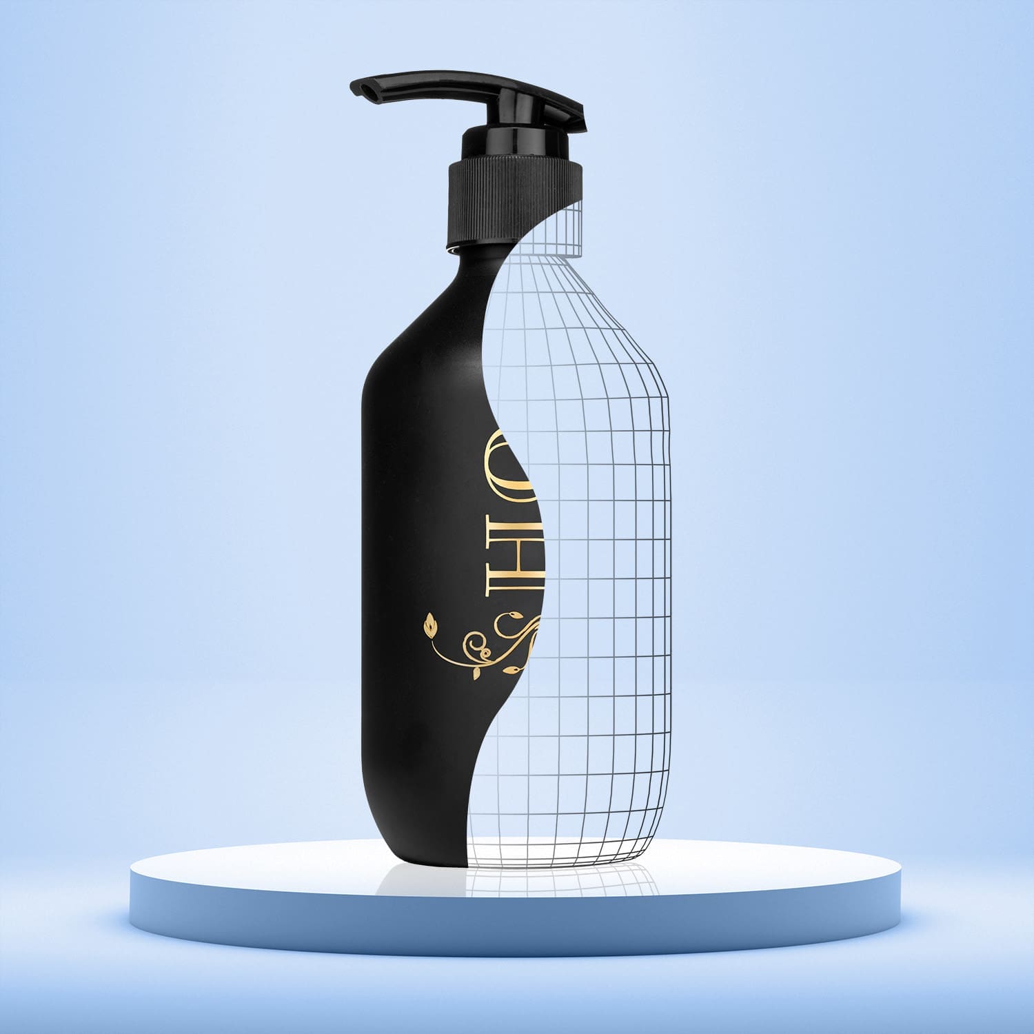 A wireframe image of a shampoo bottle depicting a 3D scan for Amazon content